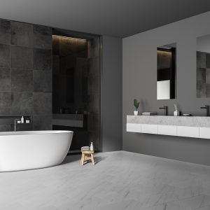 modernbathroomcornerwithblacktilewallsconcretefloorwhite