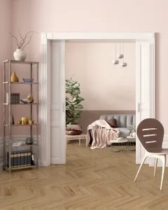 Living room arch with light LVT flooring 